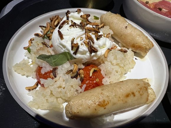 Poached Egg w/Cherry Tomatoes, Fried Rice & Red Wine Vinaigrette (w/added Chicken Sausage).