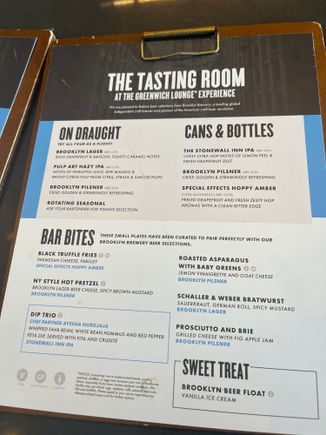 Menu at the Brooklyn bar
