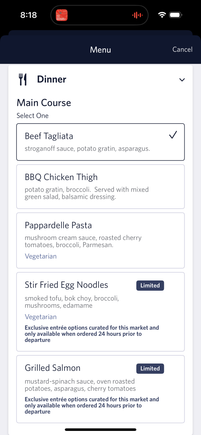Pre-select meal options. My seat mate had the stir fried egg noodles, which looked pretty decent.