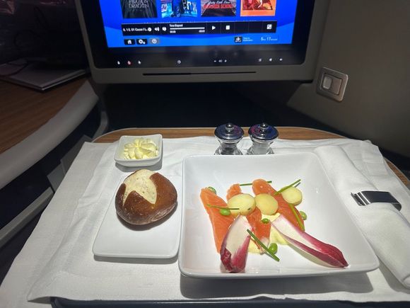 Tuna was on the menu, however the FA said that salmon was loaded. This is basically what AC offers on their AC Express flights. 
