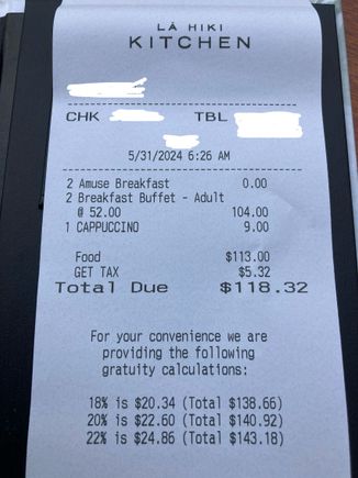 Roomcharge possible and you can get an idea of the % in tipping custom, not yet 38,5% as in NYC 