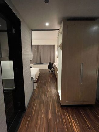 This is the entryway with the closet on the right side and bathroom / shower alcove to the left.