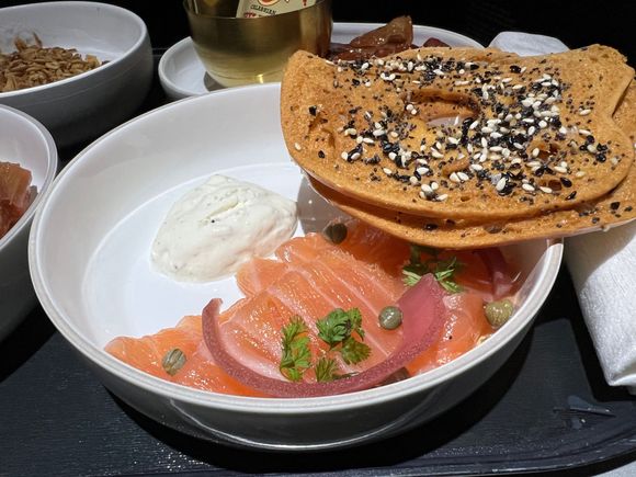 Smoked Salmon - crème fraiche, pickled onions, capers, crostini.  Very tasty