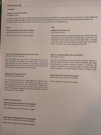 QF2 First - wine menu