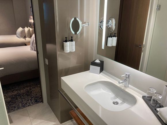 Single sink with mounted Byredo d'Afrique amenities 