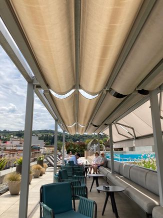 The patio has covered seating 
