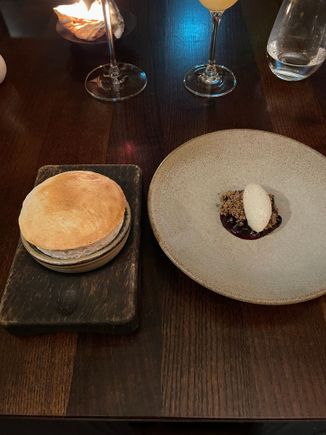 Chestnut soufflé with truffle ice cream and cassis. The soufflé was undercooked and wet. Abit of a miss. The table next to me said theirs was bad. 