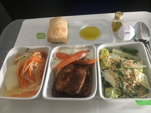Halibut, beef cheek and caesar salad.

Eastbound SFO-BOS.