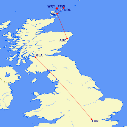Domestic Flying Map: LHR-GLA, Kirkwall to Papa Westray (outbound via Westray, return via North Ronaldsay), KOI-ABZ