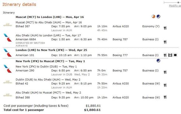 Here's one with stop in LHR for $1,880, although the MCT-AUH shows in Y. You can probably get a better combination if you play around with your dates.