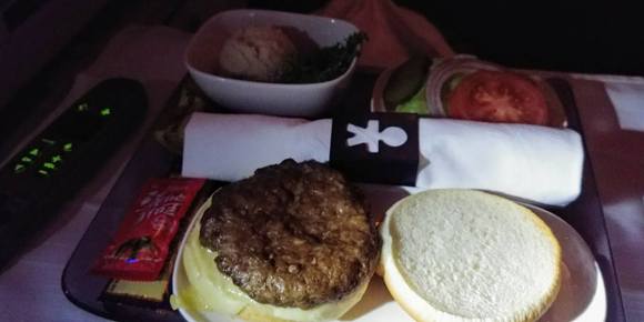 Mid-flight Snack of Cheeseburger with Potato Salad