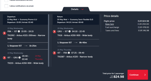 FRA-IST-GRU and back for 824 EUR
