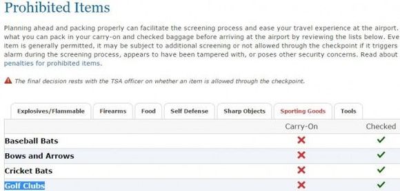 golf clubs TSA