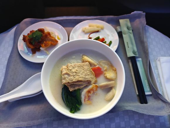 Double Boiled Golden Fried Halibut and Prawn Noodle Soup, Pork Jowl with Chopped Chili Paste, Vegetables with Cordyceps Flower. Thumbs up.