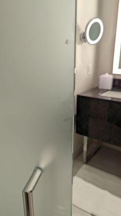 Someone with greasy fingers touched the frosted glass door into the bathroom.