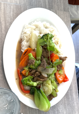 Stir-fry beef with rice and veggies. (Pho Time in YYC) 