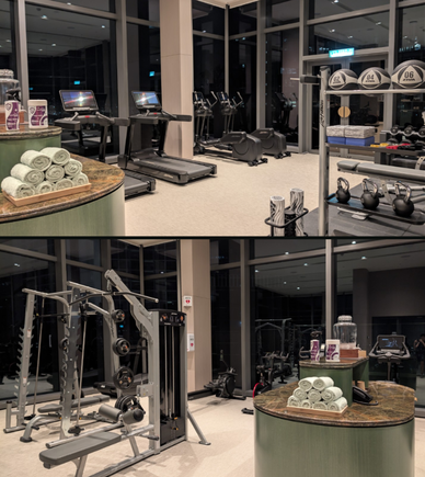 Gym and fitness. Decently sized. There is also an outdoor work out area 
