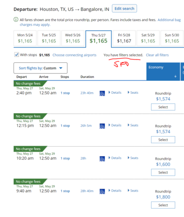 IAH-BLR (with SFO filter) kicks the price into the $1165 range and above; even without any filter the moment you add IAH to a leg the price goes up fast