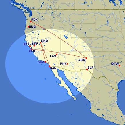 From GCMap: http://www.gcmap.com/mapui?P=pdx-abq-sfo%2Clax-rno-san%2Csts%2Cdfw%2Clas%2Cphx%2Celp%2Csmf%2Ceug&R=740mi%40san&MS=wls&DU=mi