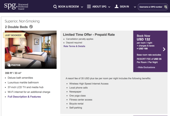 Example of Starwood's booking engine; there is an expandable tab under any booking/rate that includes such fees. 