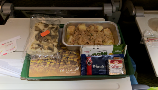 Economy class, Addis Ababa to Stockholm after take off (tuna salad, cake, etc.)