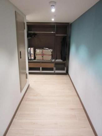 Picture taken from the door -- large foyer / hallway with not much going on, leading to an open-concept closet