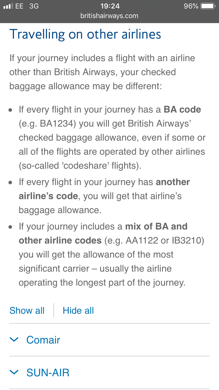 Ba comair baggage allowance on sale