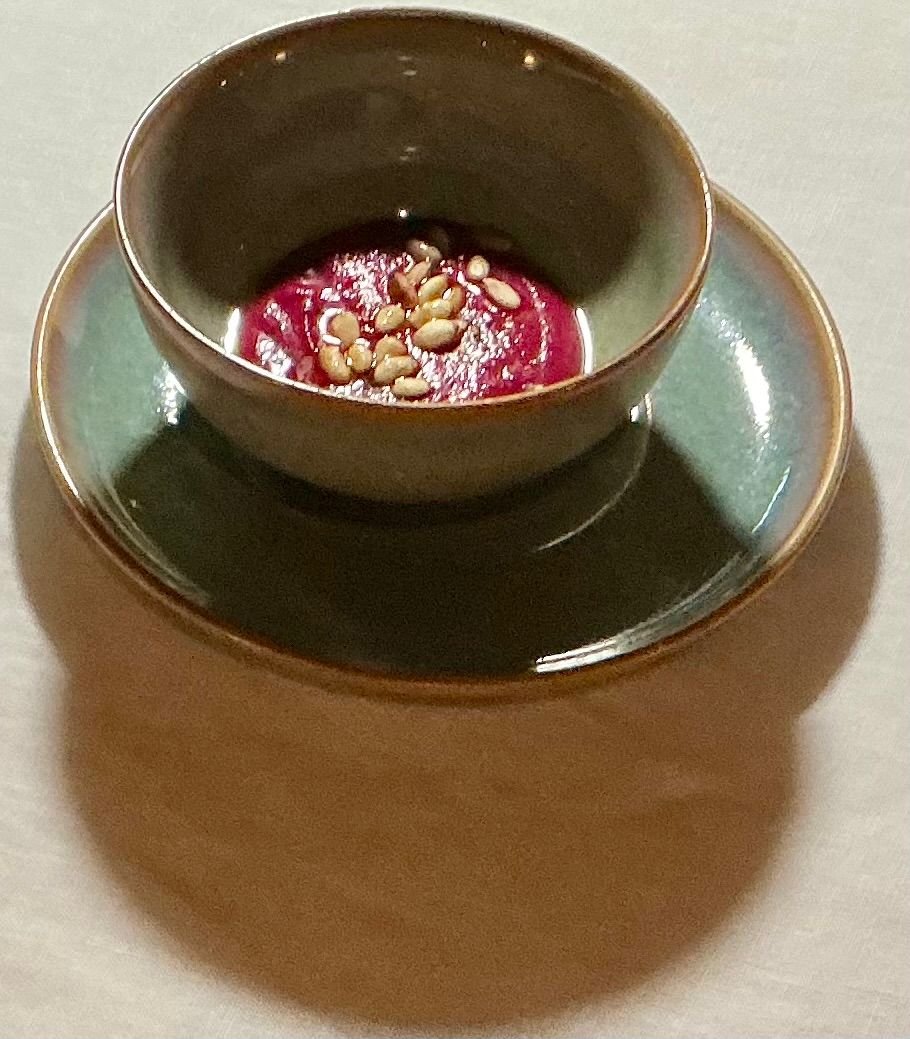 Amuse bouch� - beetroot soup with pine nuts 