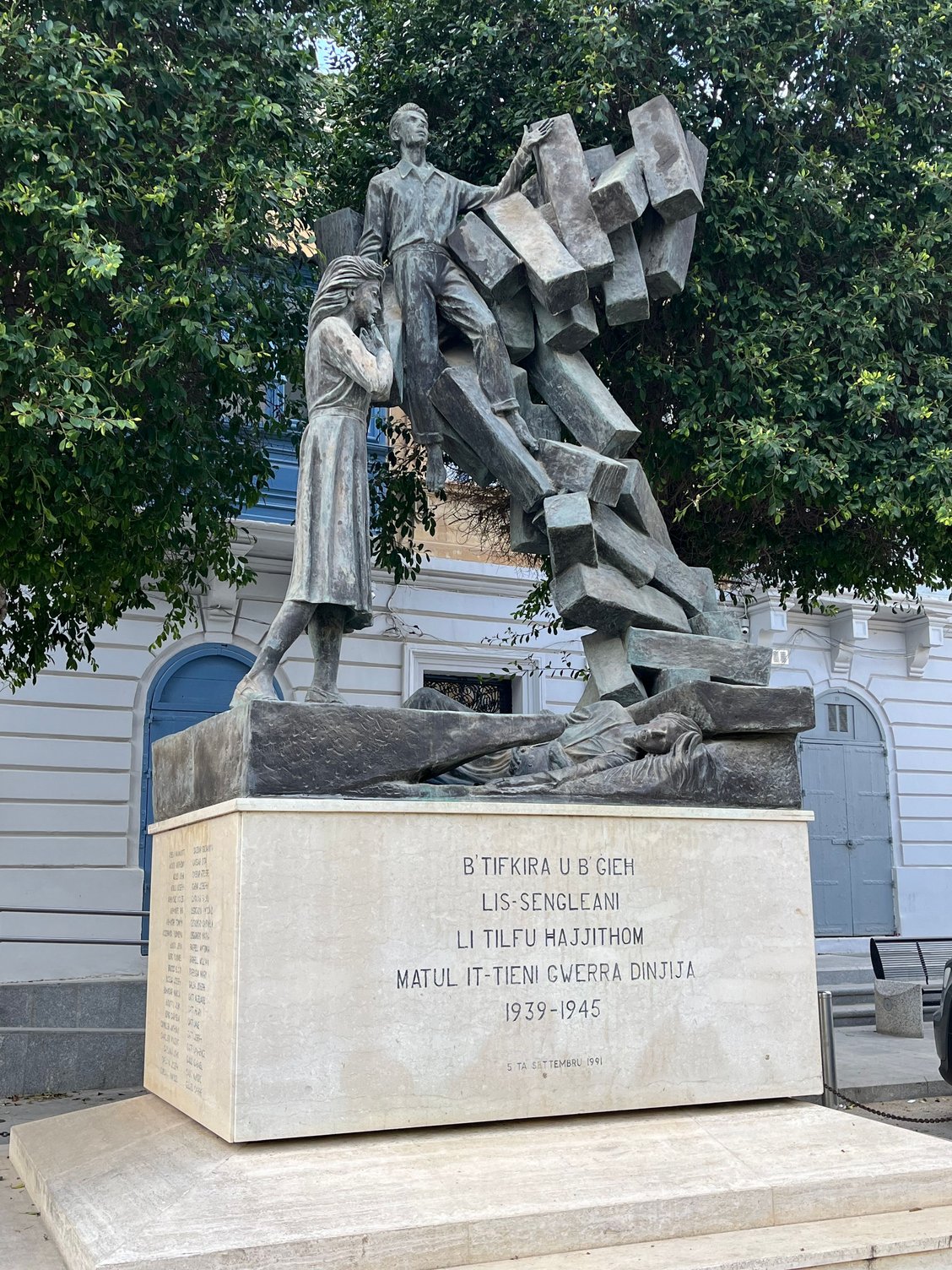 From the translation on the monument-In memory and in respect of those who lost their lives during the Second world War.