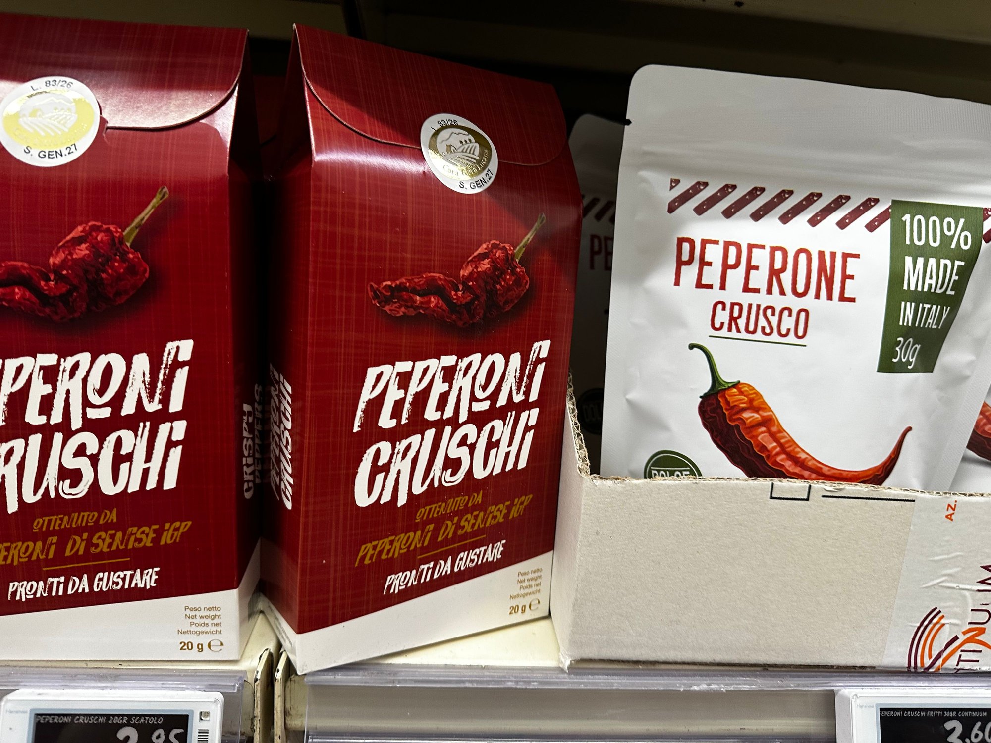 I bought strands of these dried peppers on our last visit, but these are already de-seeded, fried, and salted for immediate use as snacks or in the pasta dishes typical of this region of Basilicata, and parts of northern Puglia