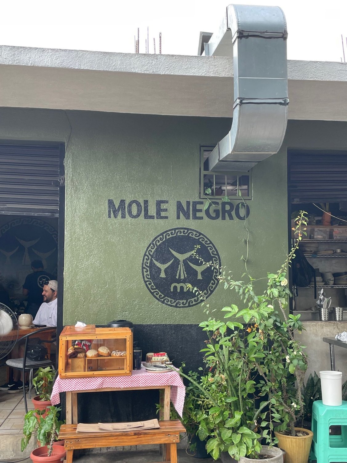 This is the back side of Mole Negro.  Usually a line and this is the view from the chairs they have in the back for waiting customers.  This year they have a little pastry station, so you can a little something before breakfast.  Always thinking these Mexicans.