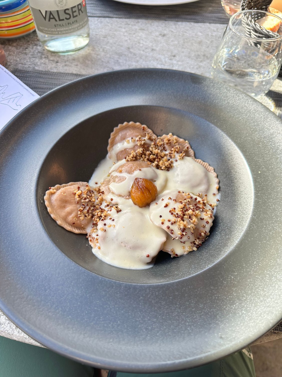 My Chestnut ravioli stuffed with alpine cheese and red chicory, with gorgonzola sauce.