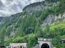 After a treacherous 30 minute ride from the site of the former Nazi HQ (see above photos) requiring special buses, we reach the original 100 yard tunnel leading to the elevator.