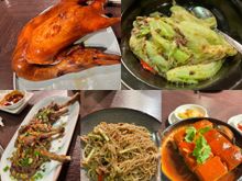 Clockwise from top left- Peking duck, braised veggies, double cooked pork, noodles with duck meat, lamb chops