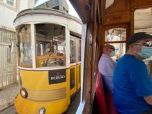Trams passing each other with barely more than a few inches between them!