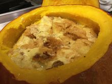 
Close up of pumpkin contents, the bread has really dissolved into the cheese.  Maybe I need to make croutons instead of lightly toasting? 
