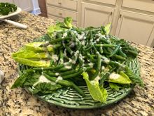 
Green beans on romaine with poppy seed dressing