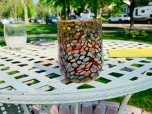 Glass made by a friend. Graduation card on the table for across the street neighbor. 