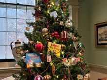 The current museum exhibit is about Jackie Kennedy who sought Henry Francis DuPont’s advice on the White House redecoration.  Tress in the house reflected some First Ladies’ themes.  This one illustrates Barbara Bush’s emphasis on literacy.