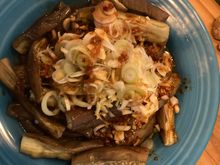 I finally made the eggplant and it was really delicios. I added some tofu for protein, which actually worked.
I will consider ground  pork the next time.

I cut the chile crisp by 2/3 and my wife found it effect. I added more to mine but not the full amount. I’m so glad I used it instead of plain chili oil, so much more complex. This was a great dish. 

It also had a method I’ve never used before or for that matter seen. The ginger, garlic and scallions  are chopped fine and piled on   

