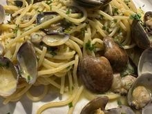 HUGE portion of spaghetti with Vongole (clams); they do not offer half portions here