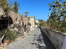 The lane from our hotel to "downtown" Malfa, which consists of one main street, a few blocks long.   Malfa is but one town on Salina; the largest is Santa Maria Salina, the main port.   A bus runs around the island and seems to run about once an hour...