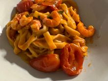 My primi was also delicious: Fresh house-made tagliatelle with tiny fresh red prawns from Salina 20 euro; I could not finish the plate, as usual.