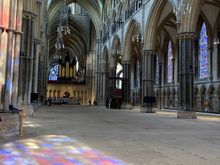 Lincoln Cathedral interior - the stained glass “reflection” on the floor was beautiful!