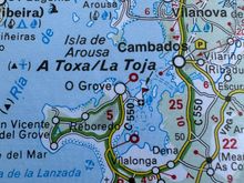 Closeup of the Isla de la Toxa, off O"Grove and close to both Pontevedra and Cambados.   On Sunday we will drive to Padron, inland, for lunch before returning to our La Toxa hotel.