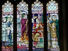 In the middle you can see King Edgar, the first English king being crowned here in the Bath Abbot, Cathedral at the time.  I think it was summer because if he had been crowned in January, he would have been known as King Edgar Winter