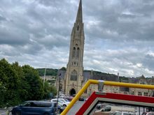 On the Bus near the start at Manver's Street.  That's St. John the Evangelist's Church in the background