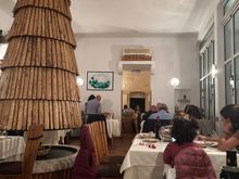 Detail of the large, high-ceilinged interior with the odd sculptures (made from barrels staves??)