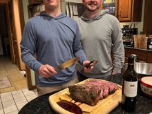 Two of the three nephews with an incredible strip stake roast. They know uncle Dave has a huge appetite, lol!