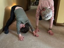 After doing the elliptical for a couple of hours, Joyce had him doing some yoga with a downward dog!